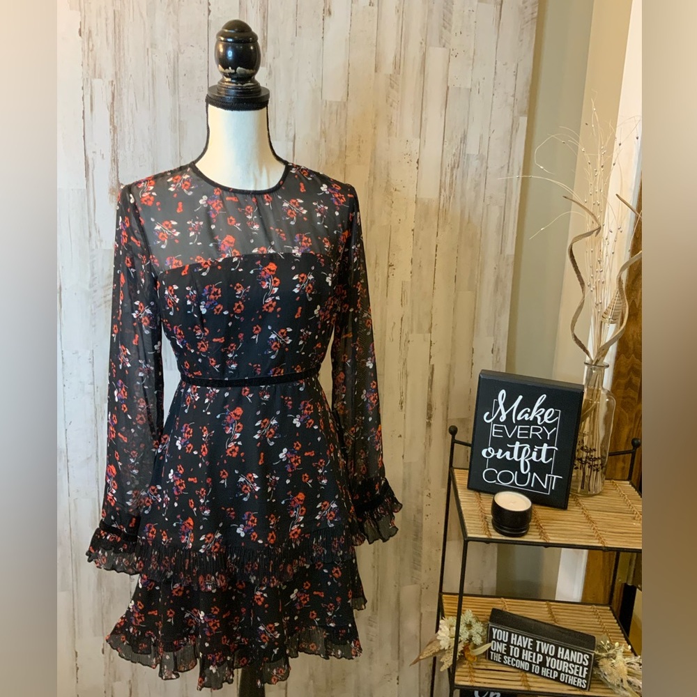 Lulu’s sheer long sleeve floral dress with tiny velvet accents. Size S